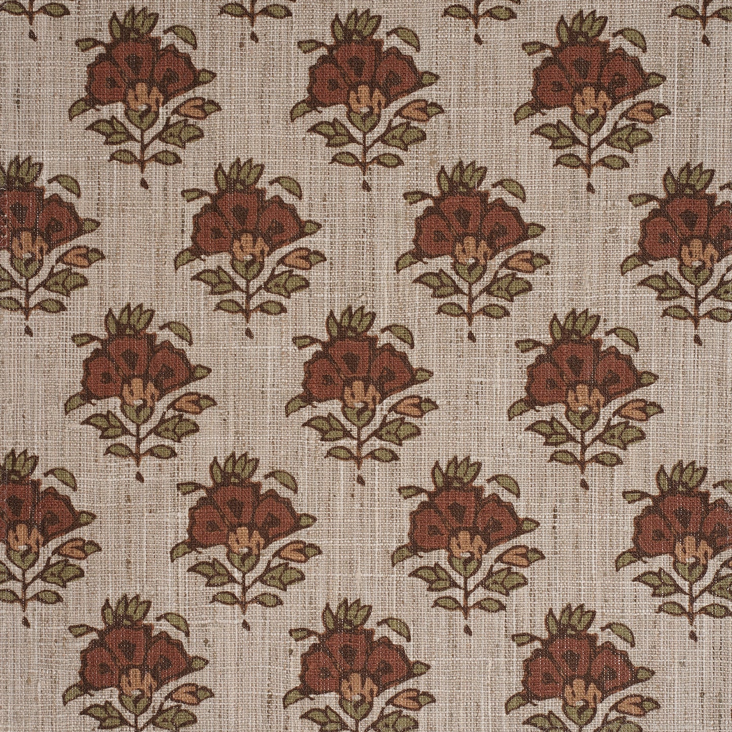 FLOWER MOTIF PRINTED FABRIC - RUST & GREEN